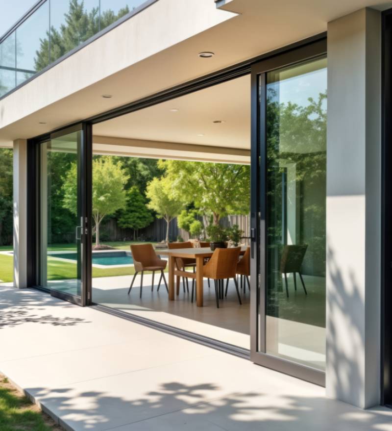 Modern house exterior with triple glass sliding doors opening to sunny outdoor entertaining area. Outdoor patio furniture arranged around wooden table. Backyard pool landscaping. Contemporary design